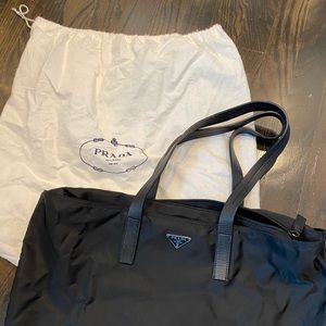 Prada Black Nylon and Leather Tote Bag with Zipper
